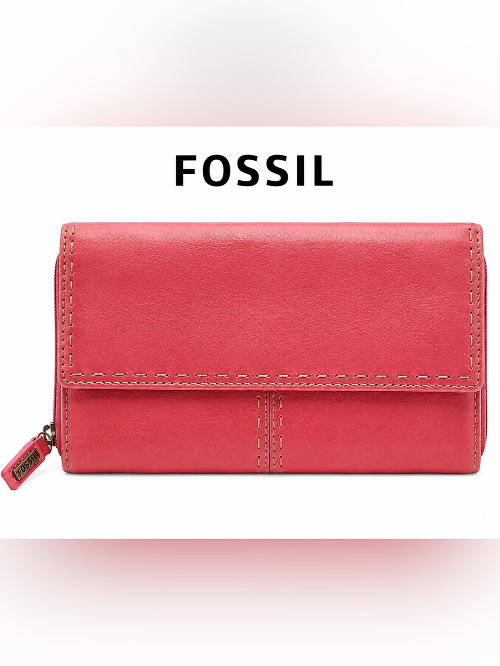 Fossil Raspberry Leather Checkbook Wallet Organizer Clutch Bifold